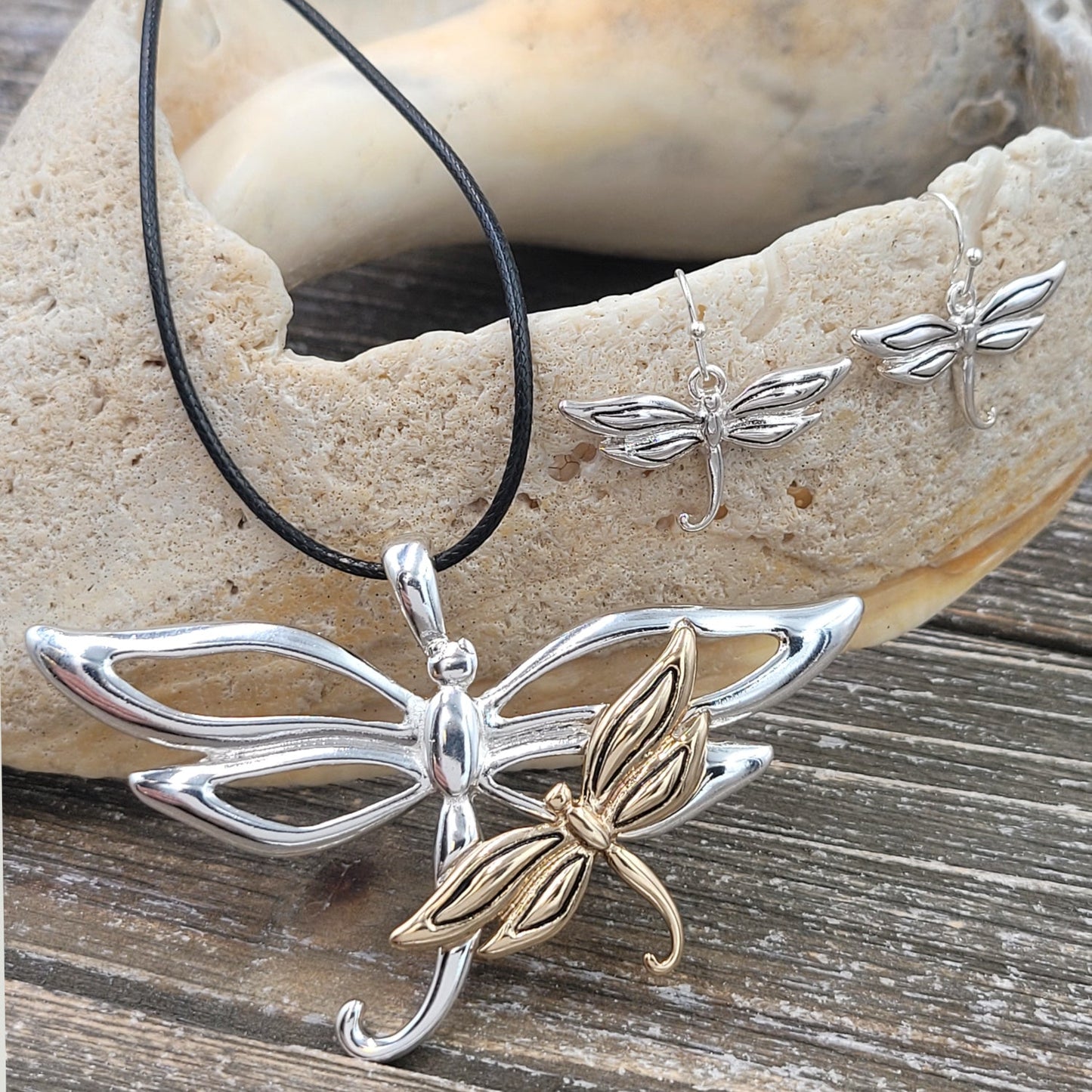 Gold and Silvertone Dragonfly Necklace and Earring Set