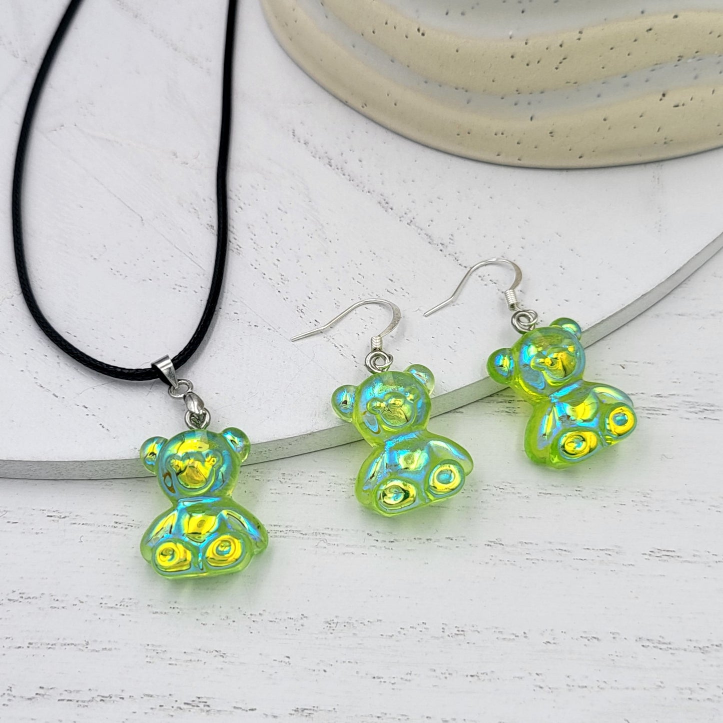 BESHEEK Silvertone and Green Resin Gummy Bear Jewelry Set | Hypoallergenic Boho Kitchsy Artistic Funky Cute Style Fashion Necklace and Earrings