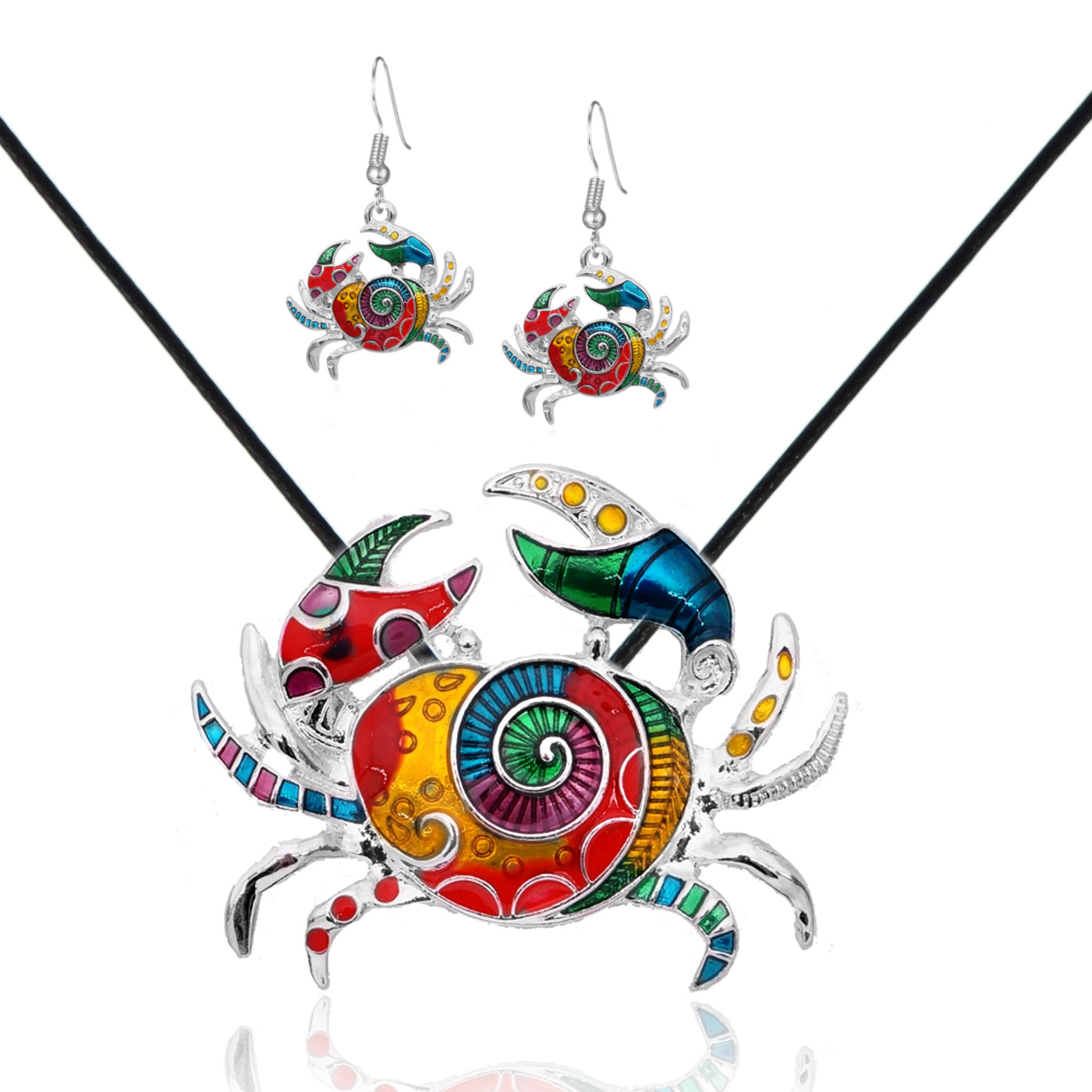 Red & Burnished Silvertone Mosaic Crab Pendant Necklace & Earrings