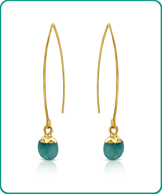 BESHEEK | Goldtone Long Fish Hook Jade Oval Dangle Earrings