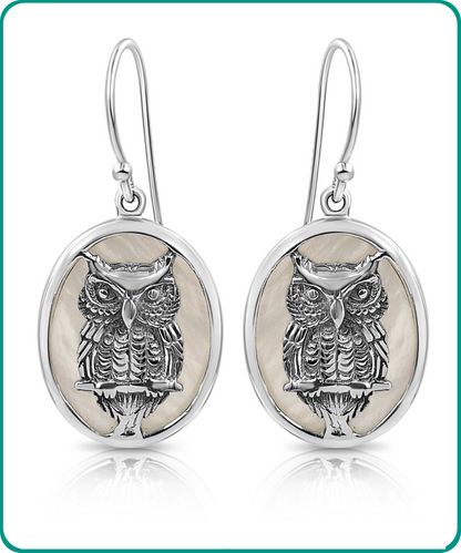 Sterling Silver Mother of Pearl Wise Owl Oval Drop Earrings