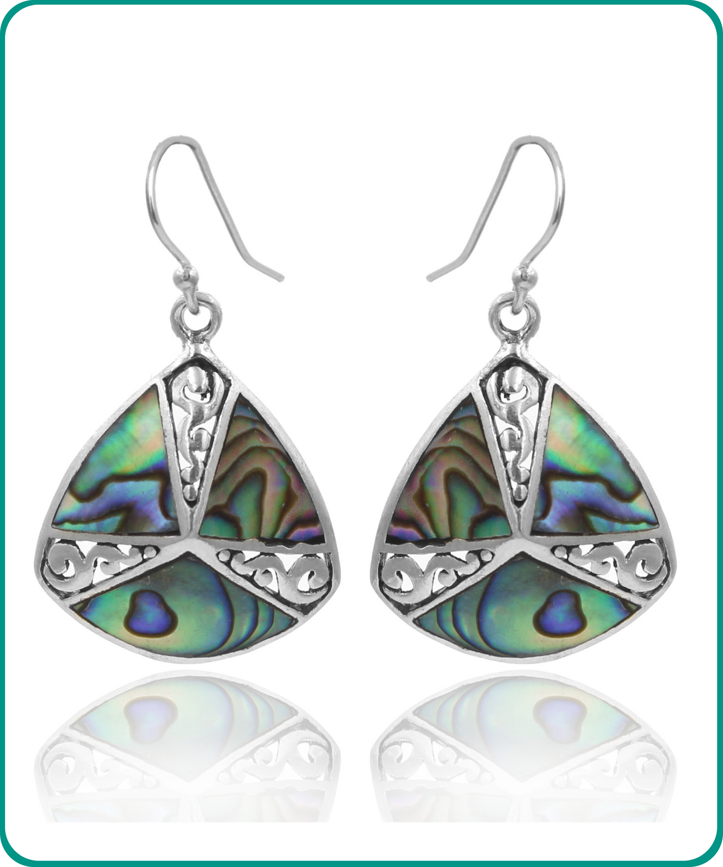 Sterling Silver and Paua Shell Filigree Triangle Dangle Earrings