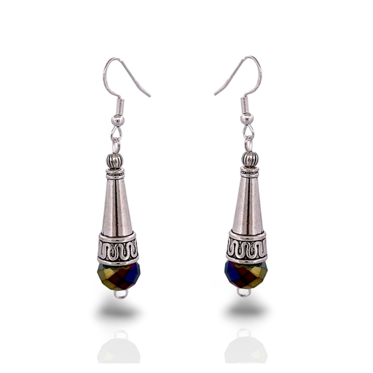 BeSheek Sterling Silver Rainbow Tibetan Filigree Cone and Crystal Glass Dangle Earrings