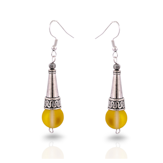 BeSheek Sterling Silver YellowTibetan Filigree Cone and Mermaid Glass Dangle Earrings