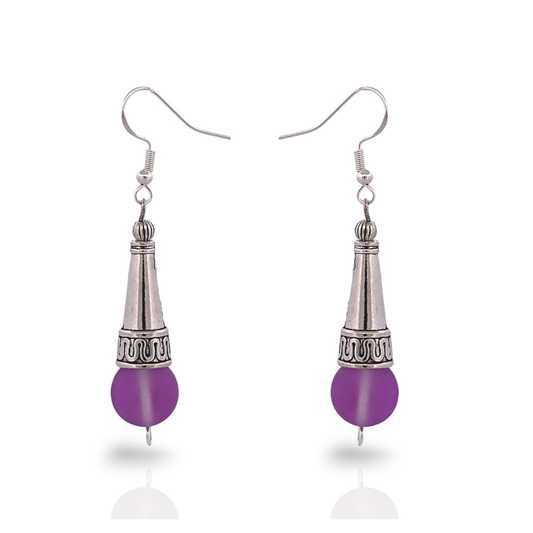 BeSheek Sterling Silver Purple Tibetan Filigree Cone and Mermaid Glass Dangle Earrings