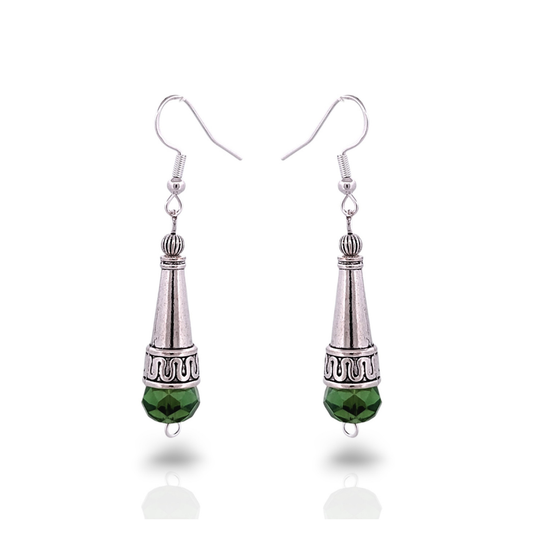 BeSheek Sterling Silver Green Tibetan Filigree Cone and Crystal Glass Dangle Earrings