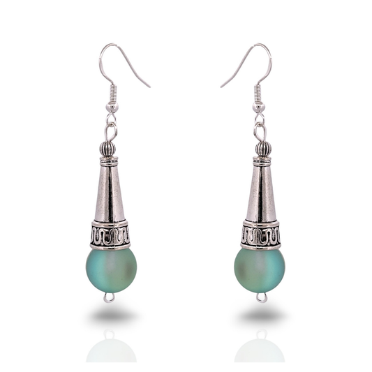 BeSheek Sterling Silver Green Tibetan Filigree Cone and Mermaid Glass Dangle Earrings