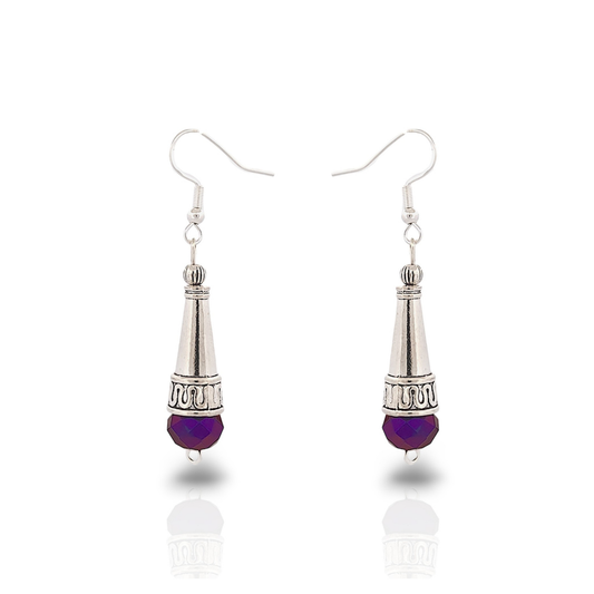BeSheek Sterling Silver Purple Tibetan Filigree Cone and Crystal Glass Dangle Earrings