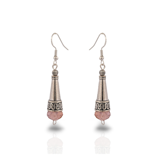 BeSheek Sterling Silver Pink Tibetan Filigree Cone and Crystal Glass Dangle Earrings