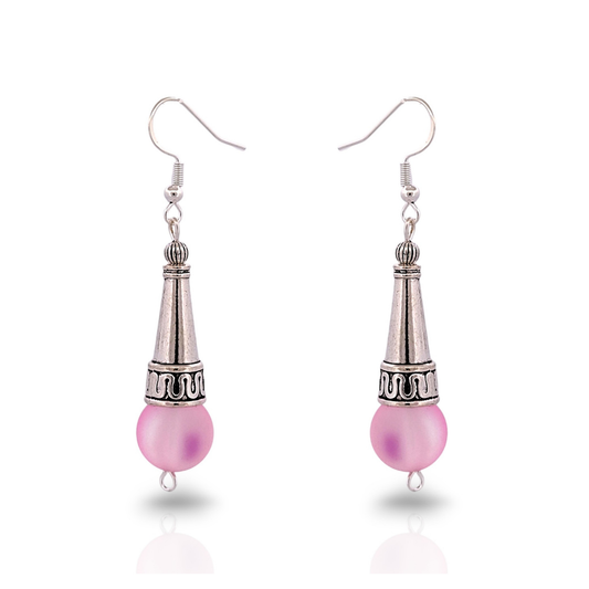 BeSheek Sterling Silver Bright Pink Tibetan Filigree Cone and Mermaid Glass Dangle Earrings