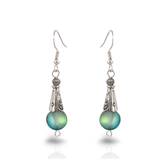 BeSheek Sterling Silver Green Mermaid Glass and Tibetan Cone Dangle Fish Hook Earrings