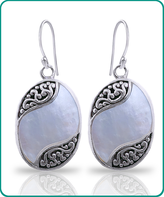 Sterling Silver and Mother of Pearl Shell Oval Drop Earrings
