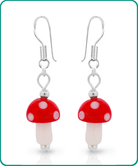 BESHEEK | Glass Red and White Small Mushroom Sterling Silver Earrings