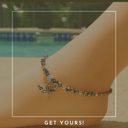 Rainbow Vitrail Crystal Glass Dragonfly Charm Adjustable Beaded Anklet.9.5'' Small Anklet