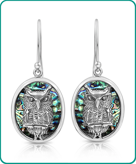Sterling Silver Paua Shell Wise Owl Oval Drop Earrings