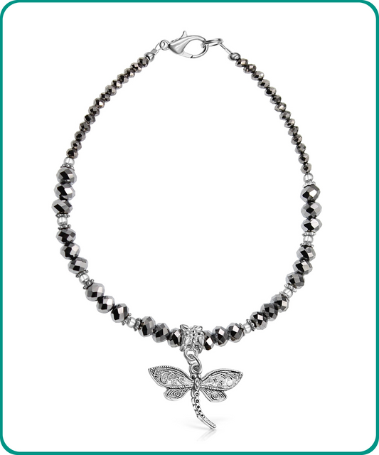 BESHEEK | Dragonfly Silver Crystal Glass Beaded Anklet