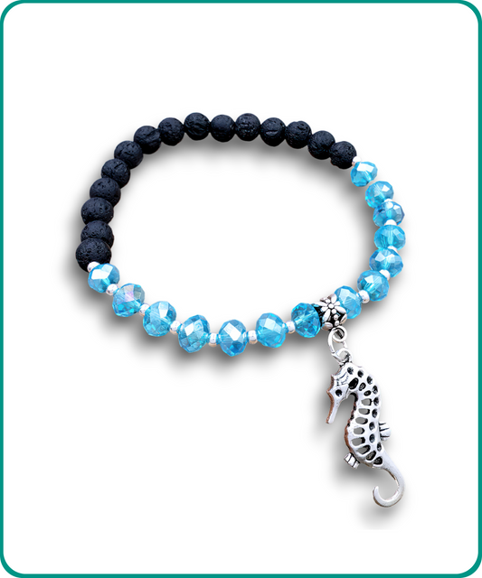BESHEEK | Aqua Crystal and Black Lava bead Sea Horse Stretch Bracelet