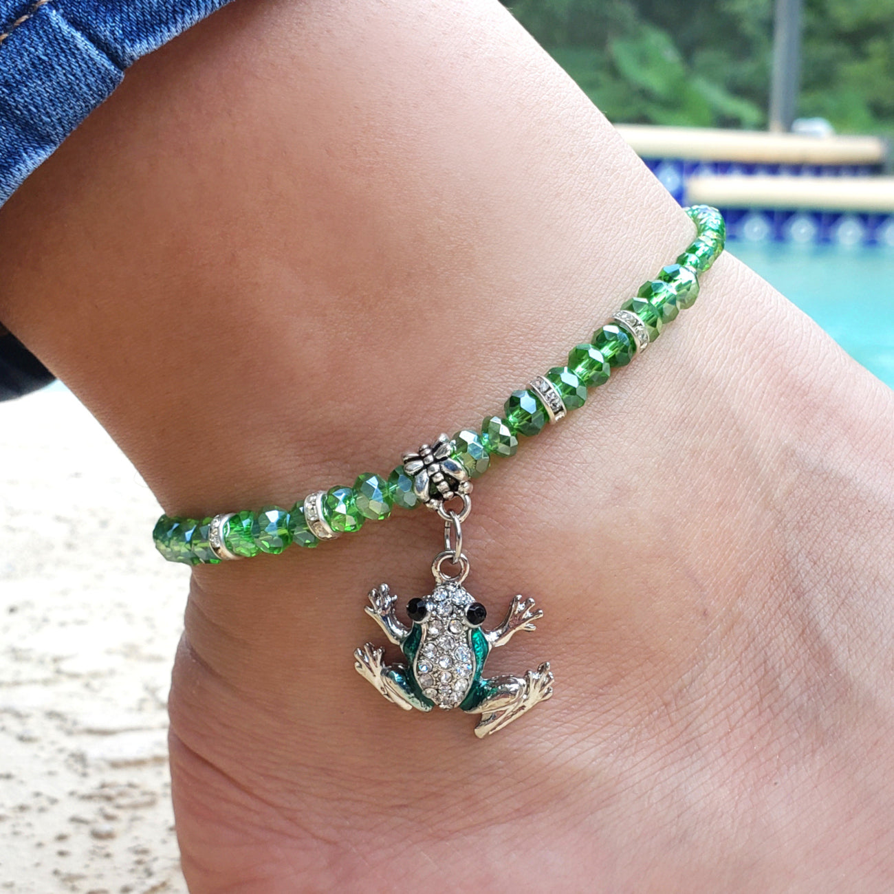 Green Crystal Glass & Silvertone Frog Charm Adjustable Beaded Anklet KIT