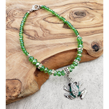 Green Crystal Glass & Silvertone Frog Charm Adjustable Beaded Anklet KIT