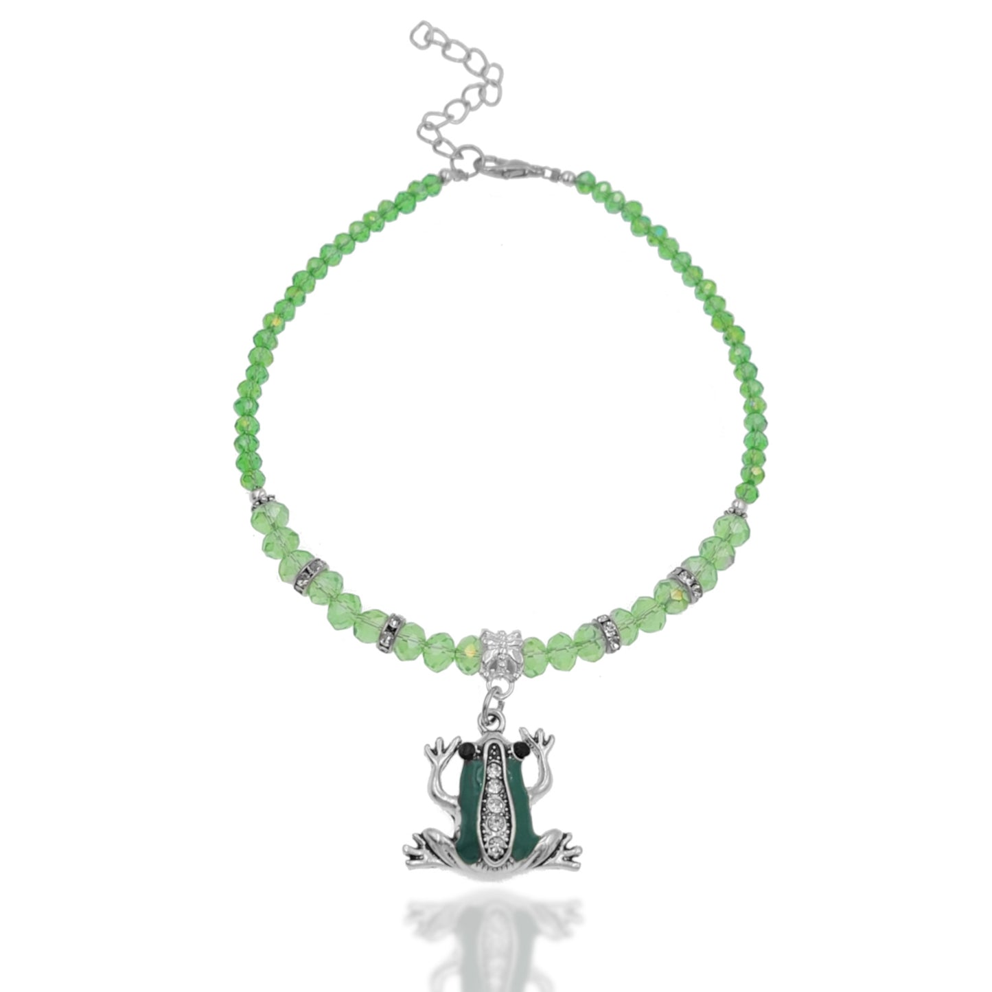 Green Crystal Glass & Silvertone Frog Charm Adjustable Beaded Anklet KIT