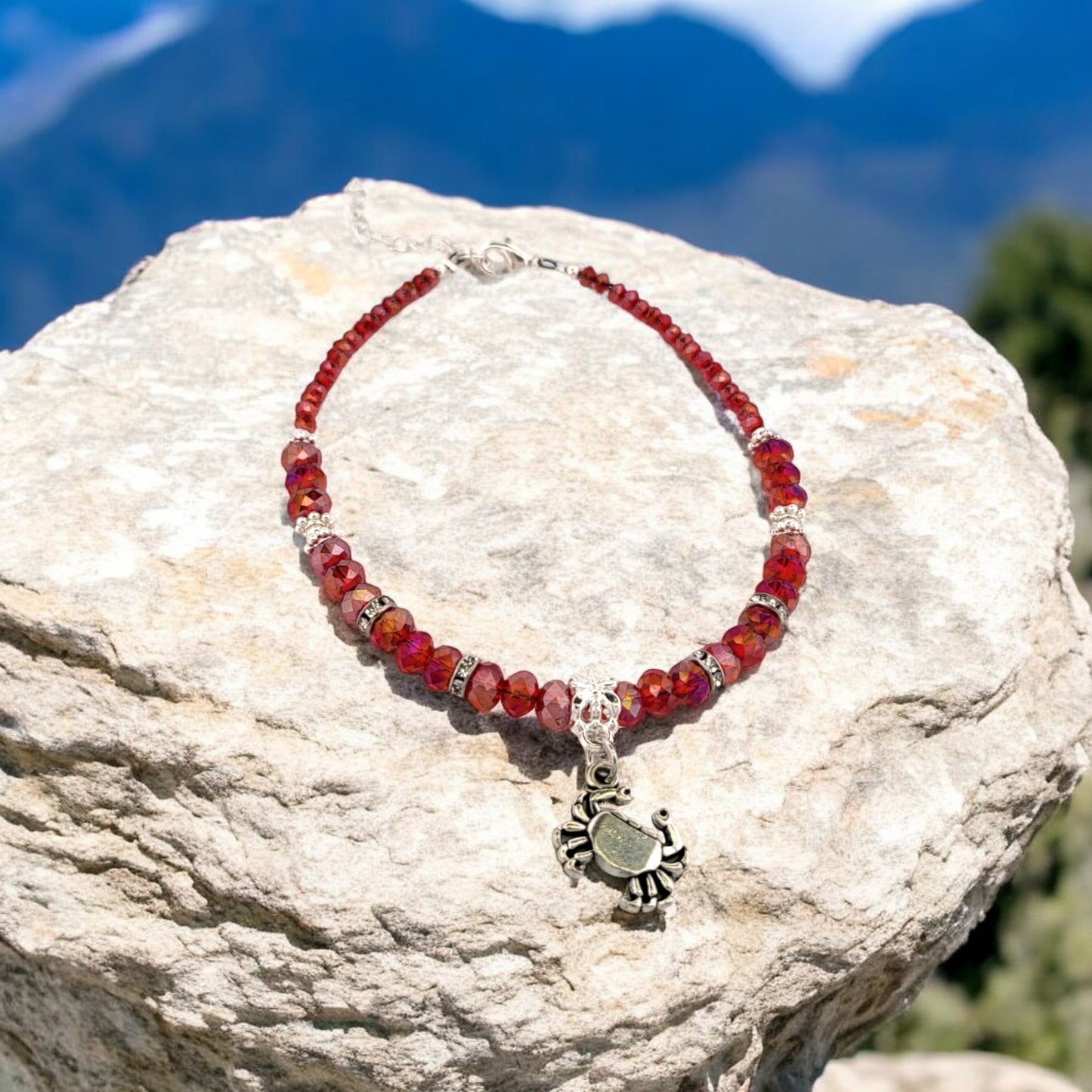 BESHEEK Crab LUSTER RED Hue Faceted Crystal Glass Artisan Beaded Anklet with Extension | Handmade Hypoallergenic Beach Gala Wedding Style Jewelry