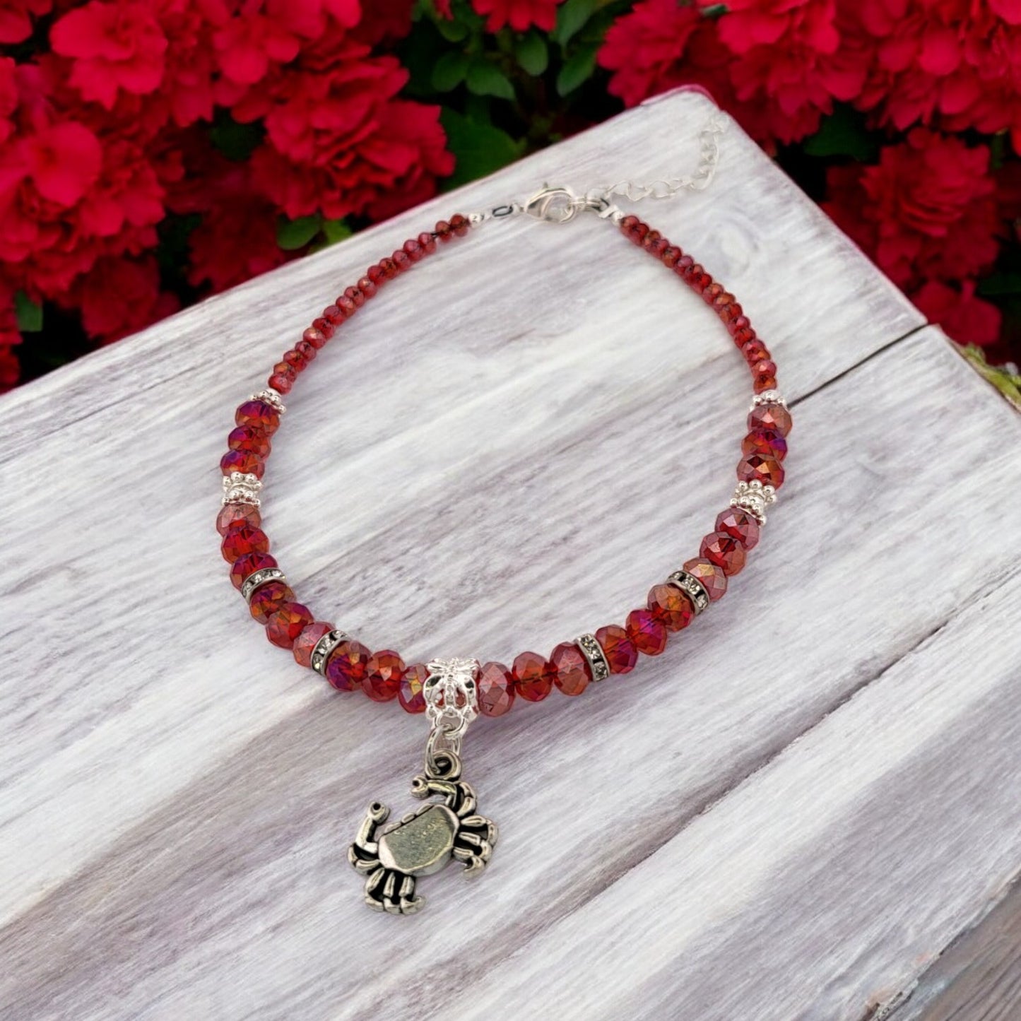 Red Crystal & Silvertone Crab Charm Adjustable Anklet KIT
