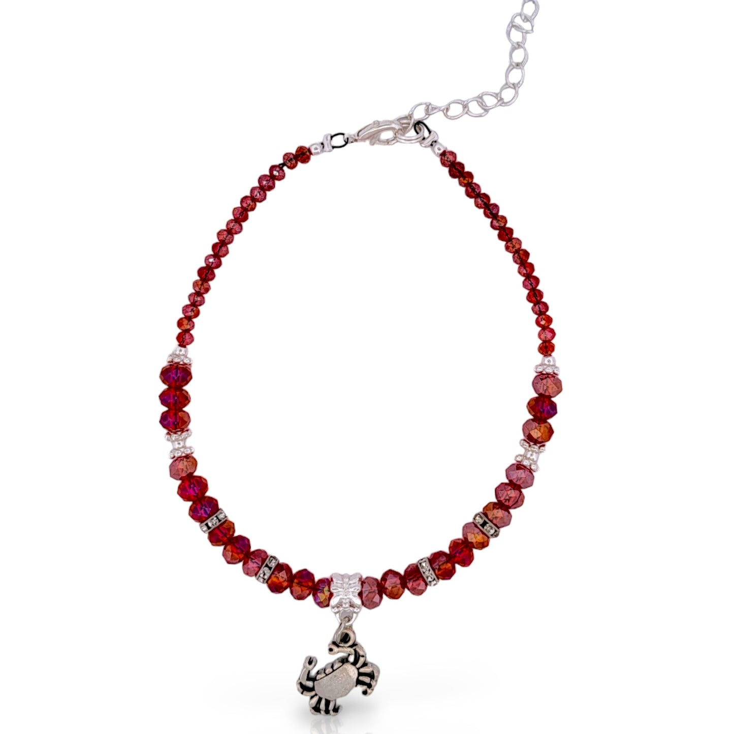 BESHEEK Crab LUSTER RED Hue Faceted Crystal Glass Artisan Beaded Anklet with Extension | Handmade Hypoallergenic Beach Gala Wedding Style Jewelry