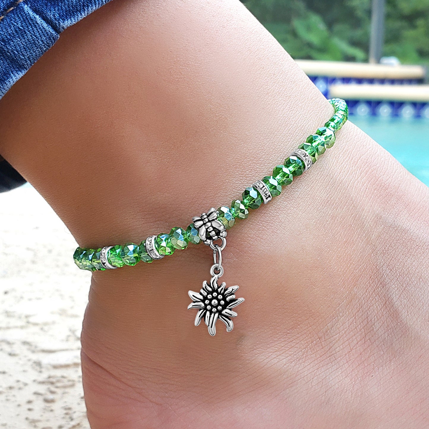 Green Crystal & Silvertone Eidleweiss Charm Adjustable Anklet KIT