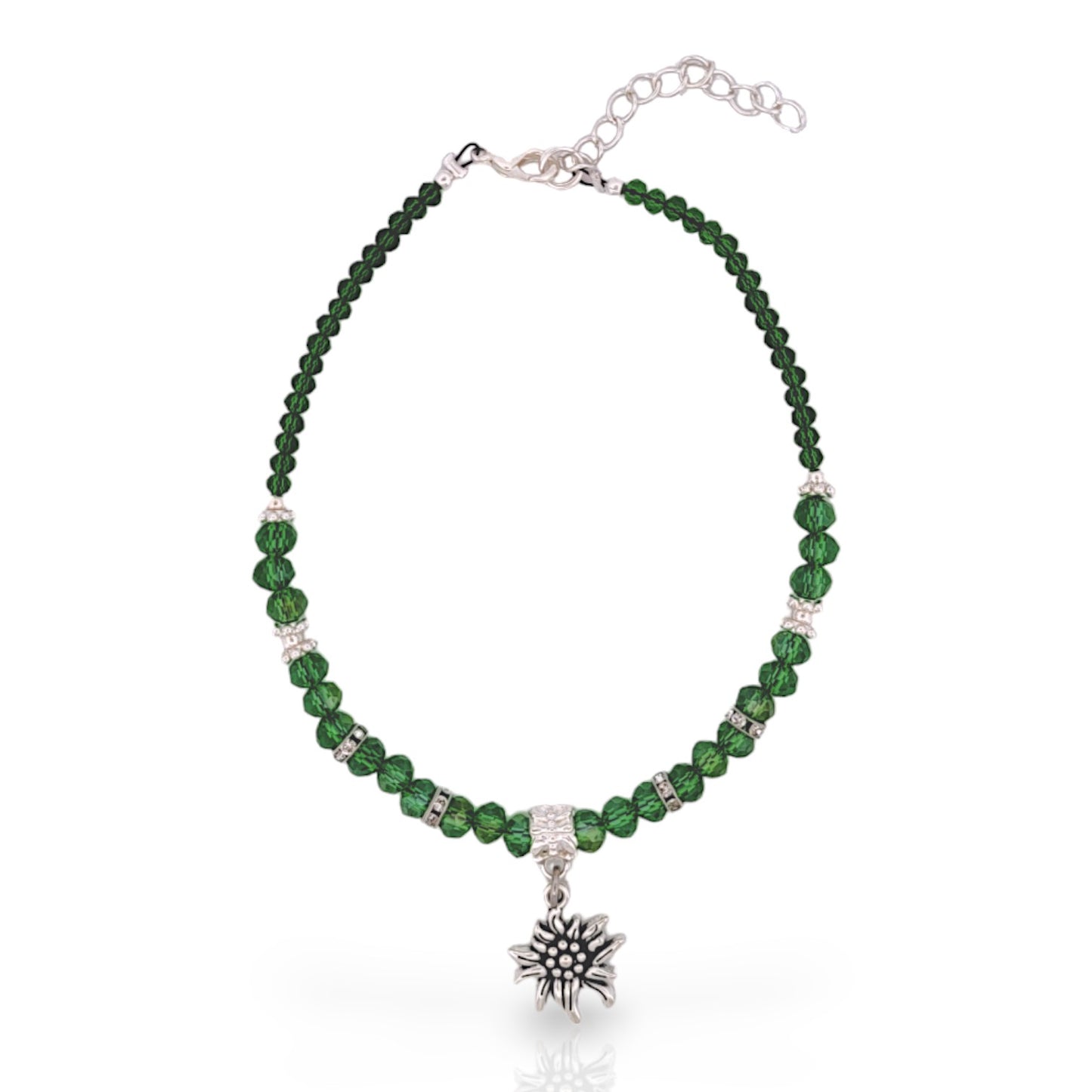 Green Crystal & Silvertone Eidleweiss Charm Adjustable Anklet KIT