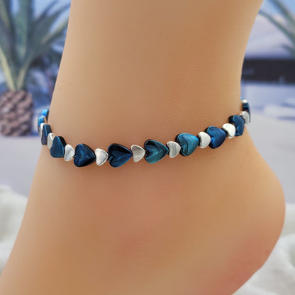 Silvertone Luster Blue Hematite Hearts Adjustable Anklet KIT