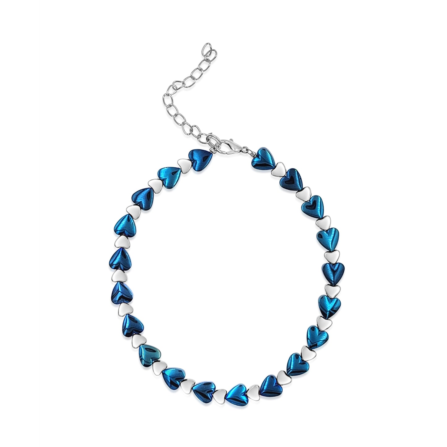 Silvertone Luster Blue Hematite Hearts Adjustable Anklet KIT