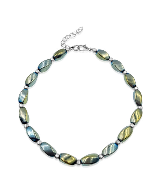 BESHEEK | Twist LUSTER GREEN Hematite Stone Artisan Beaded Anklet with Extension