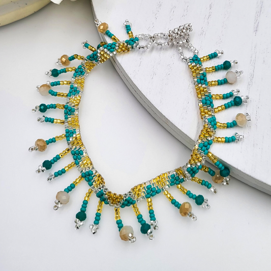 Blue and Gold Dangle Beaded Adjustable Anklet