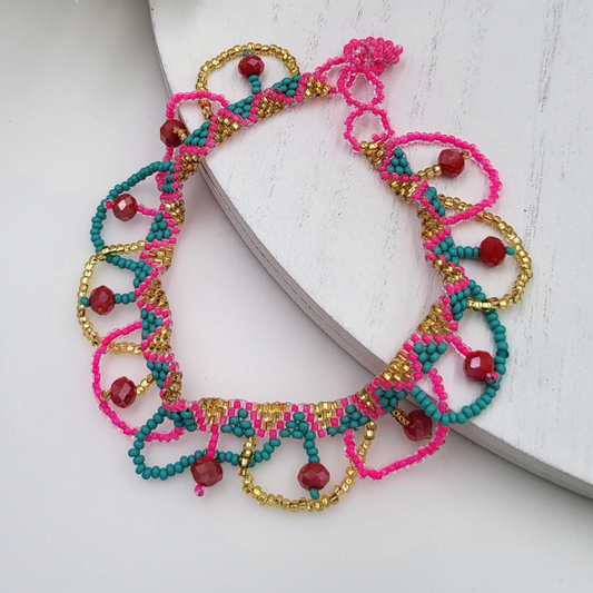Blue and Pink Curtain Beaded Adjustable Anklet