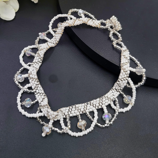 White and Silver Curtain Beaded Adjustable Anklet