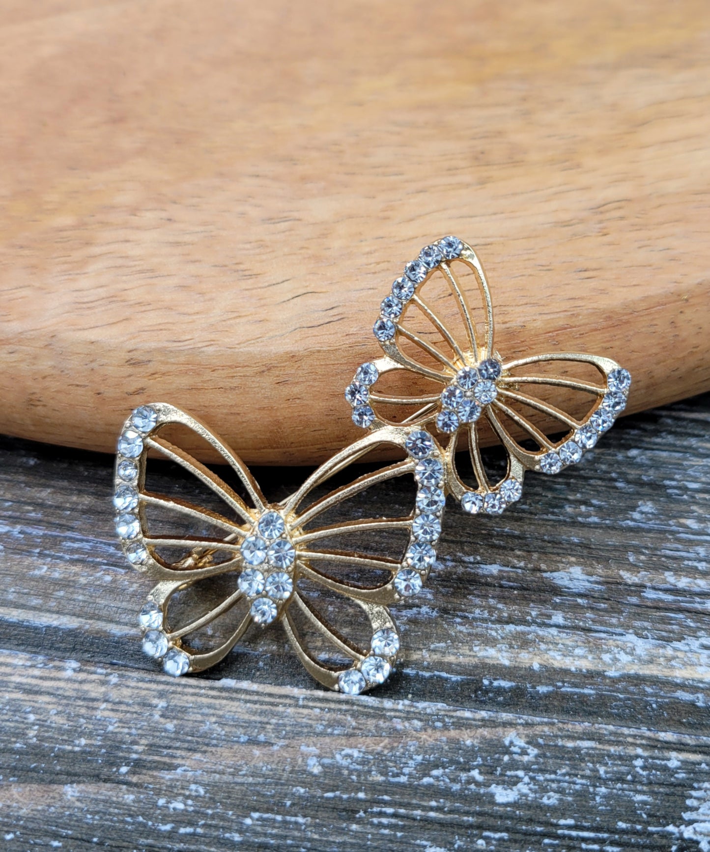 BESHEEK | Goldtone Rhinestone Double Butterfly Brooch