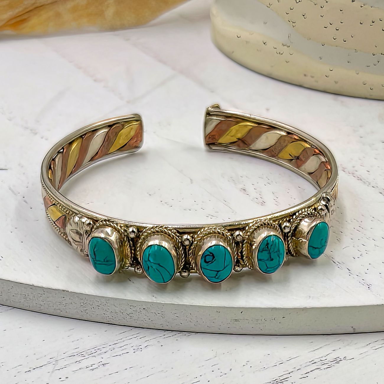 Silver and Turquoise Embossed Tibetan Cuff Bracelet