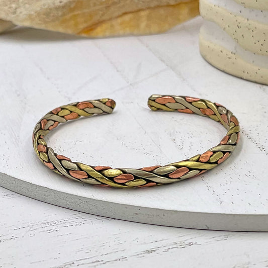 Silver, Copper and Brass Embossed Tibetan Cuff Bracelet