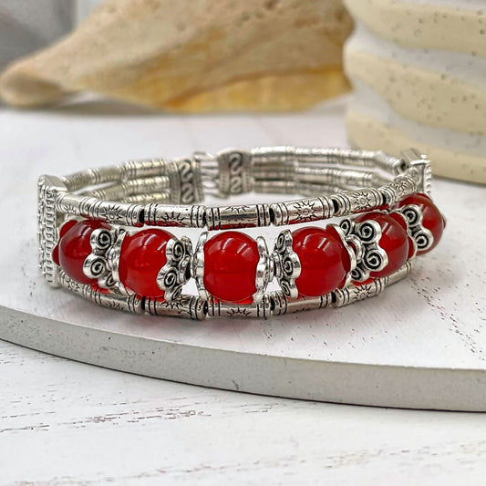 Silvertone and Red Agate Mayan Layered Cuff Bracelet