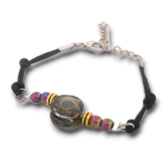Rainbow Hematite and Fire Glass Button Woven Knot Bracelet for Women