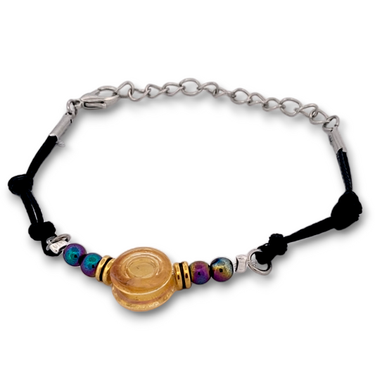 Rainbow Hematite and Sunrise Glass Button Woven Knot Bracelet for Women