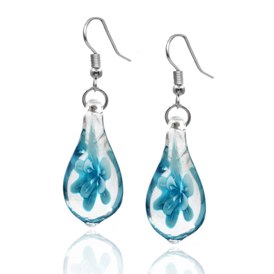 BESHEEK Murano-style Sterling SilverGlass Blue border swirl twisted leaf earrings | Handmade Hypoallergenic Boho Beach Gala Wedding Style Fashion Earrings