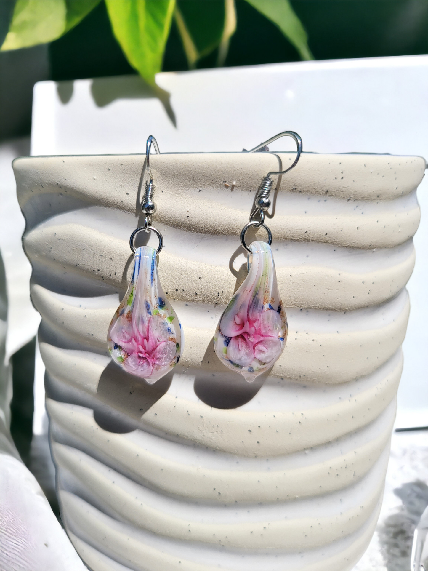 BESHEEK Handmade Pink Confetti Teardrop Glass Sterling Silver Earrings