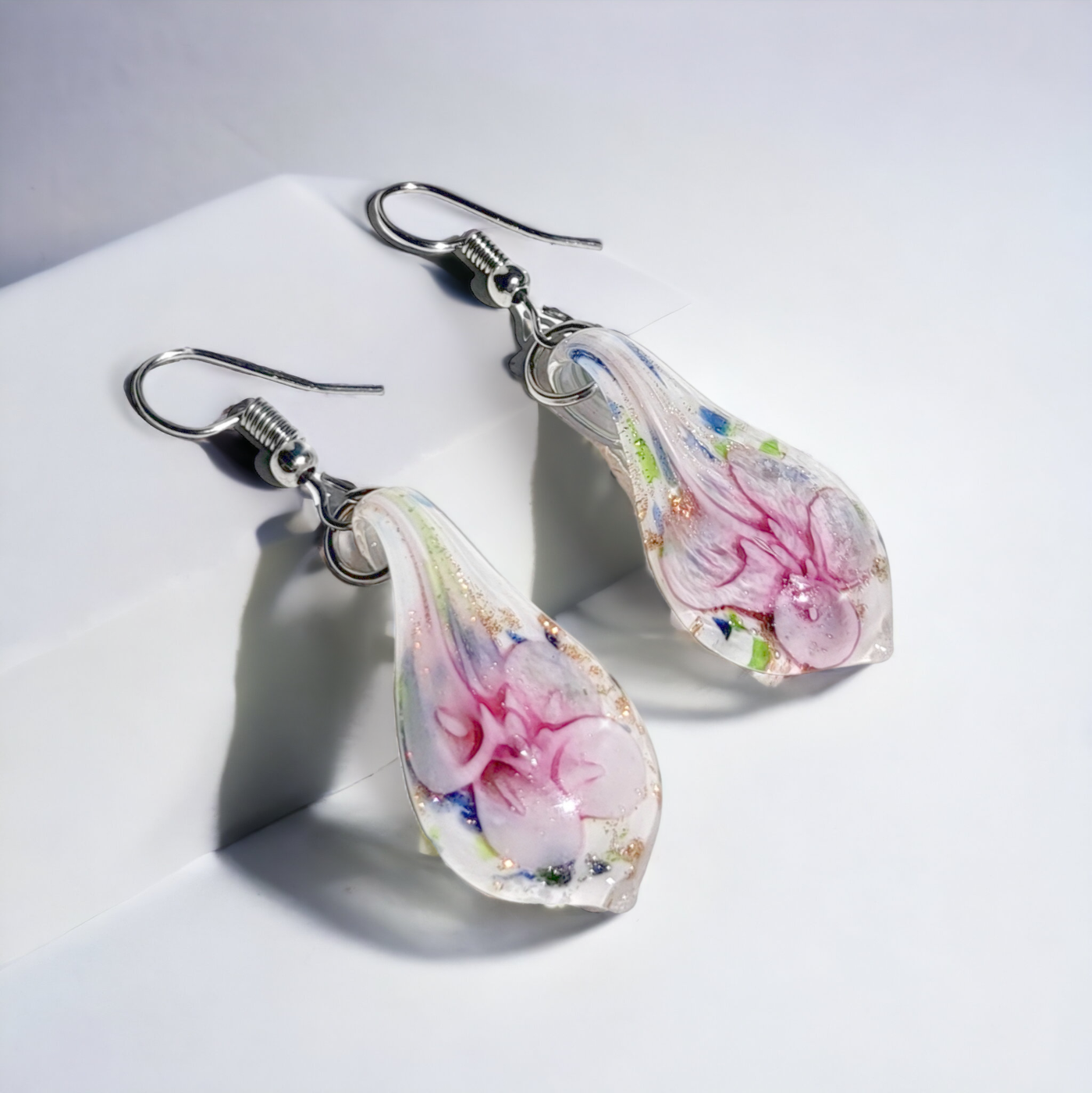 BESHEEK Handmade Pink Confetti Teardrop Glass Sterling Silver Earrings