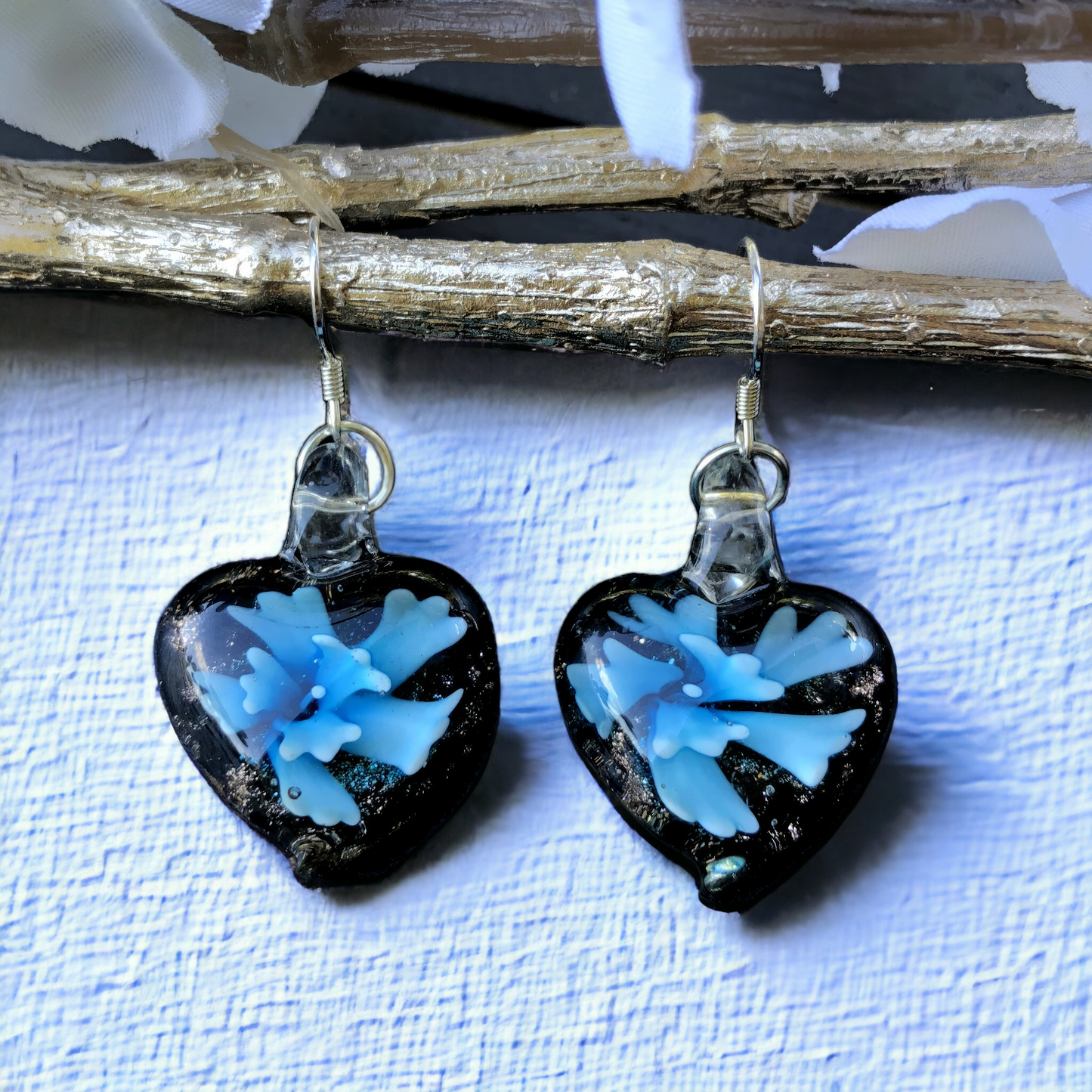 BESHEEK Handmade Murano- Inspired Aqua Blue Flower in Heart Fused Glass Dangle Earrings KIT