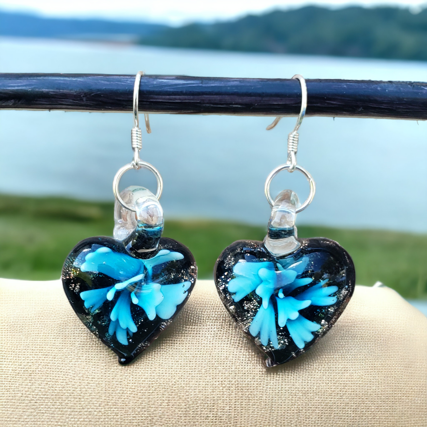 BESHEEK Handmade Murano- Inspired Aqua Blue Flower in Heart Fused Glass Dangle Earrings KIT