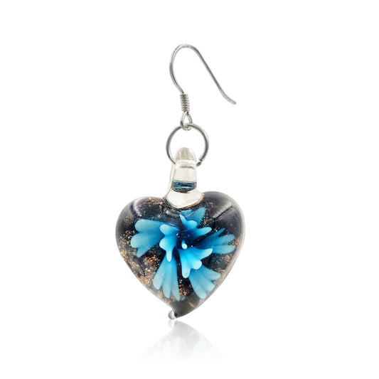 BESHEEK Sterling Silver Handmade Murano-inpired Aqua Blue Flower in Heart Fused Glass Dangle Earrings | Hypoallergenic Boho Beach Gala Wedding Style Fashion Earrings