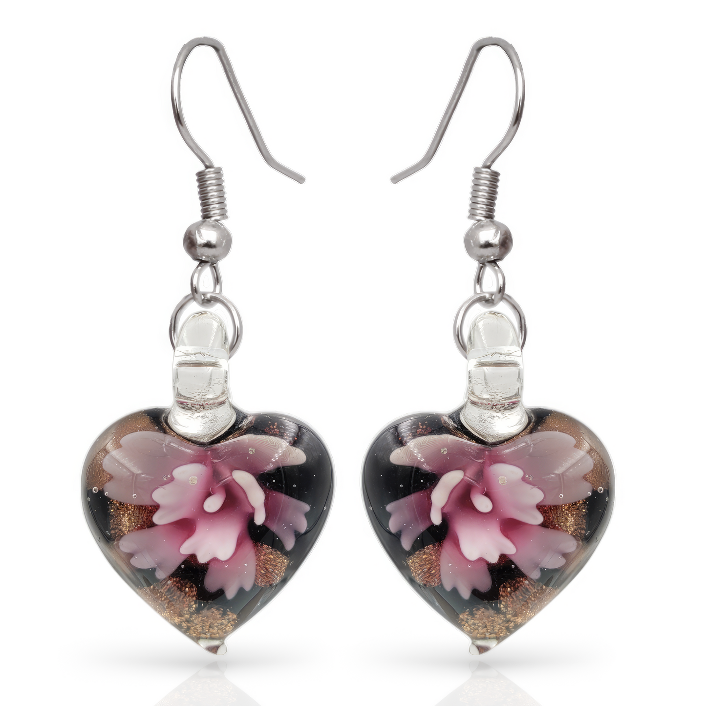 Besheek Handmade Murano-inpired Pink Flower in Heart Fused Glass Dangle Earrings | Hypoallergenic Boho Beach Gala Wedding Style Fashion Earrings