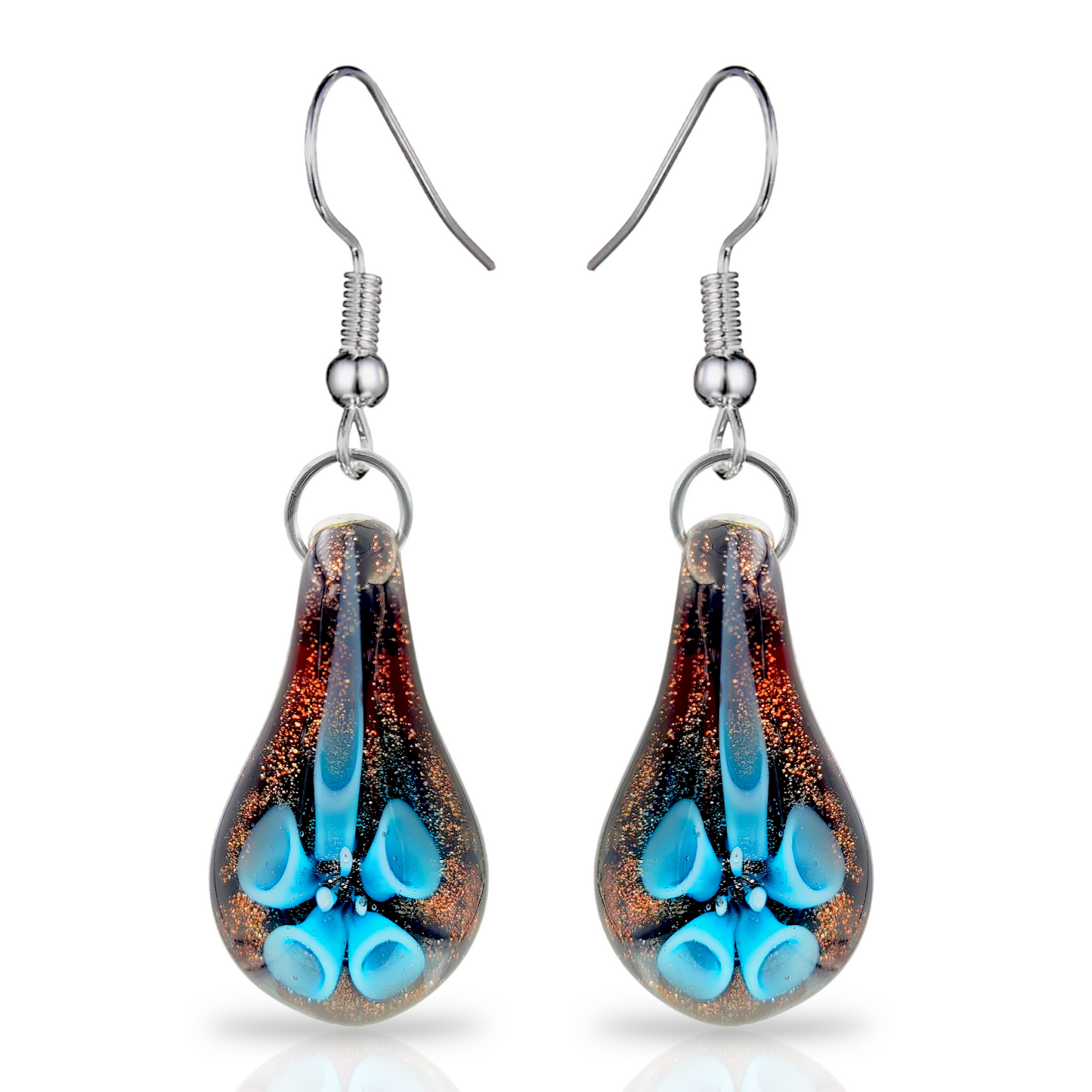 Besheek Handmade Murano-inspired Lily in Teardrop Fused Glass Dangle Earrings | Hypoallergenic Boho Beach Gala Wedding Style Fashion Earrings
