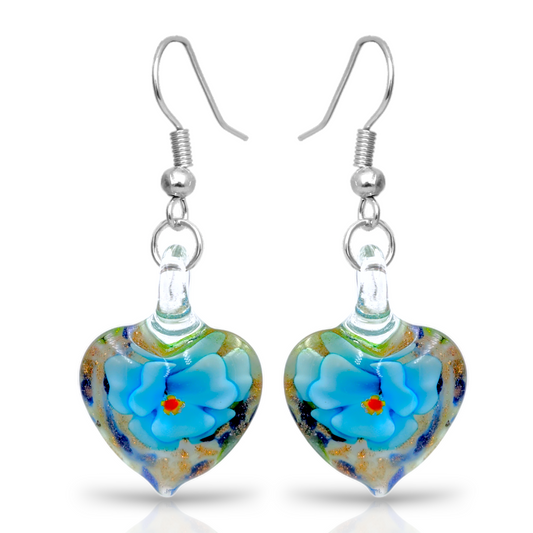 Besheek Handmade Murano-inpired Blue Rose in Confetti Heart Fused Glass Dangle Earrings | Hypoallergenic Boho Beach Gala Wedding Style Fashion Earrings